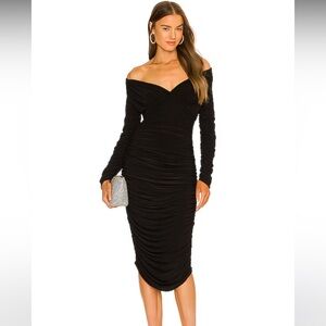 Norma Kamali Tara Dress, Elegant Black Ruched Midi Dress